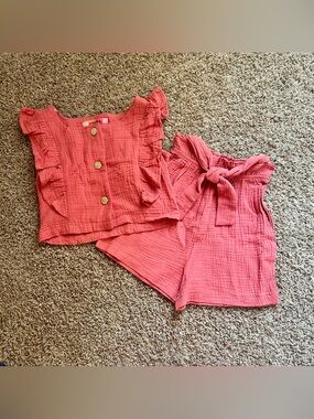 NWOT Paper Doll Coral Pink Ruffled Button Top & Tie Waist Shorts